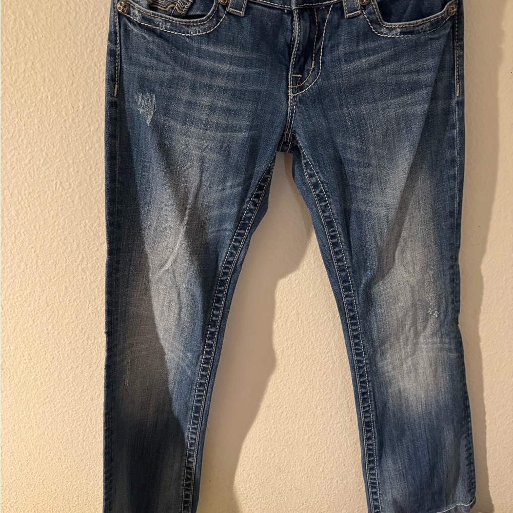 Miss Me Blue Skinny Jeans with Embellished Brown & Cream Pocket Appliqué - Picture 2 of 4